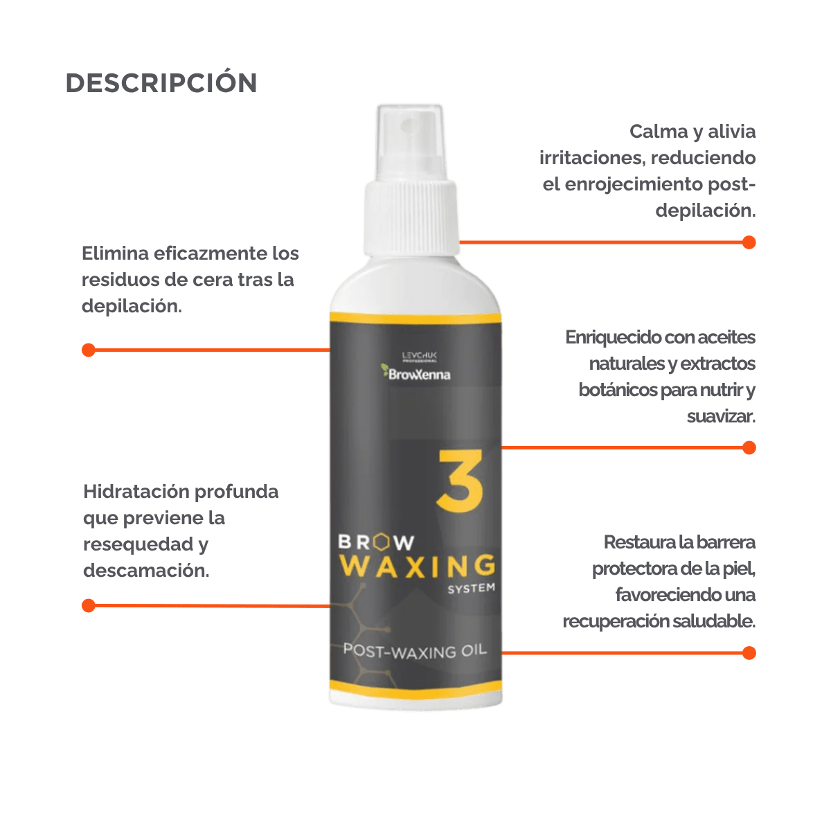 Frasco de aceite BrowXenna Post‑Waxing Oil #3 (100 ml), aceite post-depilación con lavanda, coco y mentol para hidratar, refrescar y limpiar la piel tras depilación de cejas.