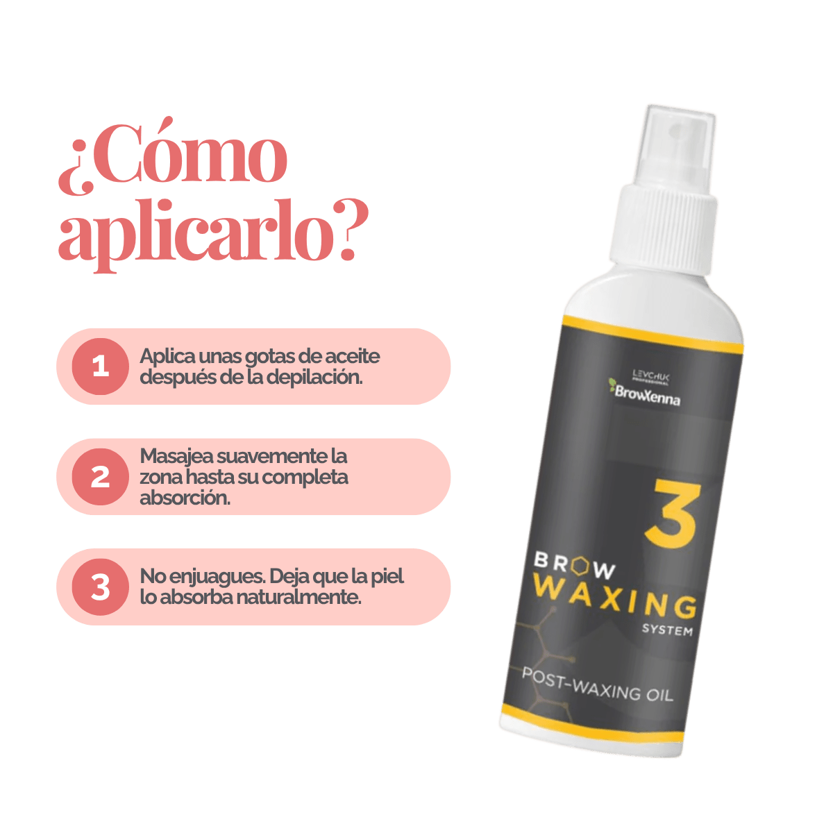 Frasco de aceite BrowXenna Post‑Waxing Oil #3 (100 ml), aceite post-depilación con lavanda, coco y mentol para hidratar, refrescar y limpiar la piel tras depilación de cejas SPA.
