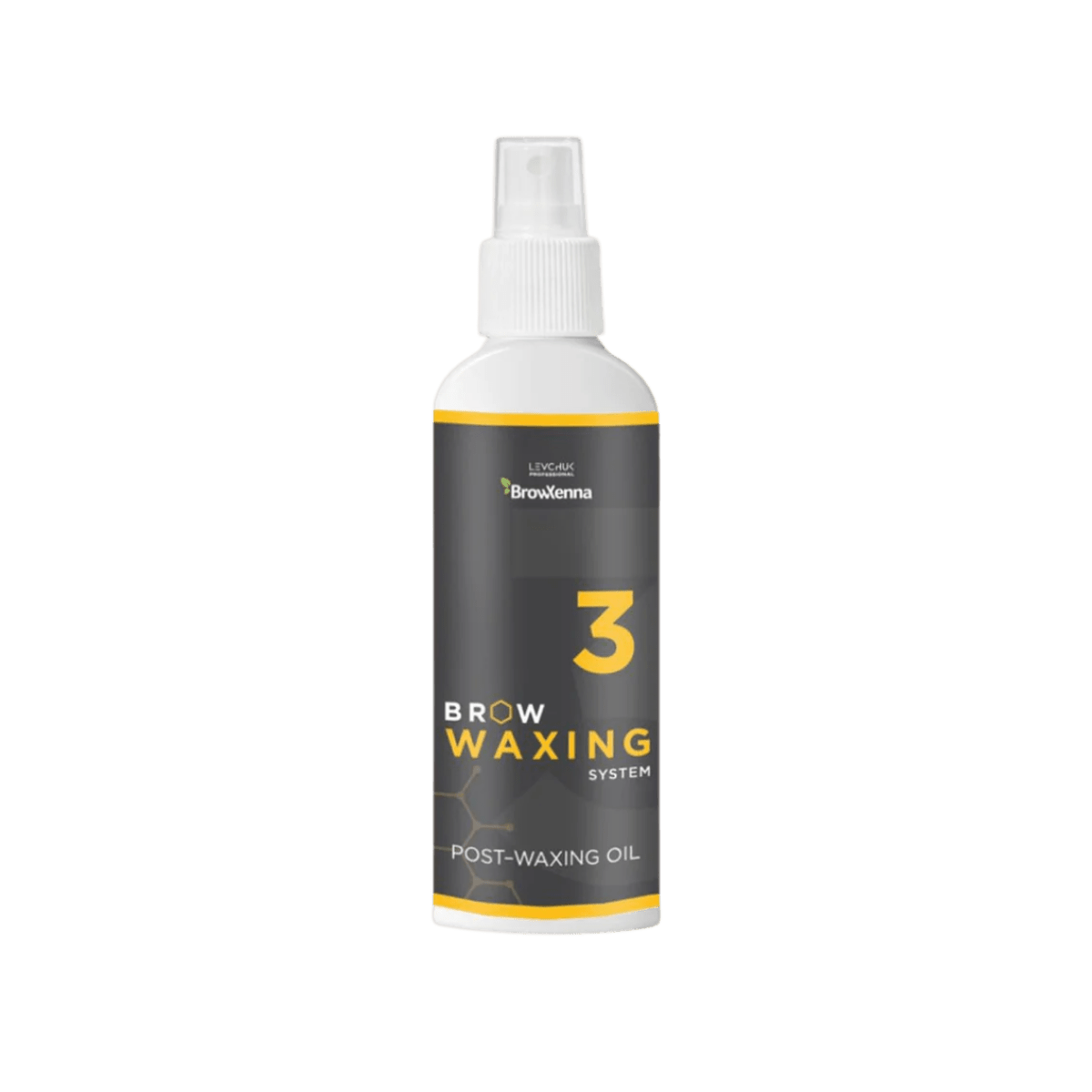Frasco de aceite BrowXenna Post‑Waxing Oil #3 (100 ml), aceite post-depilación con lavanda, coco y mentol para hidratar, refrescar y limpiar la piel tras depilación de cejas SPA.