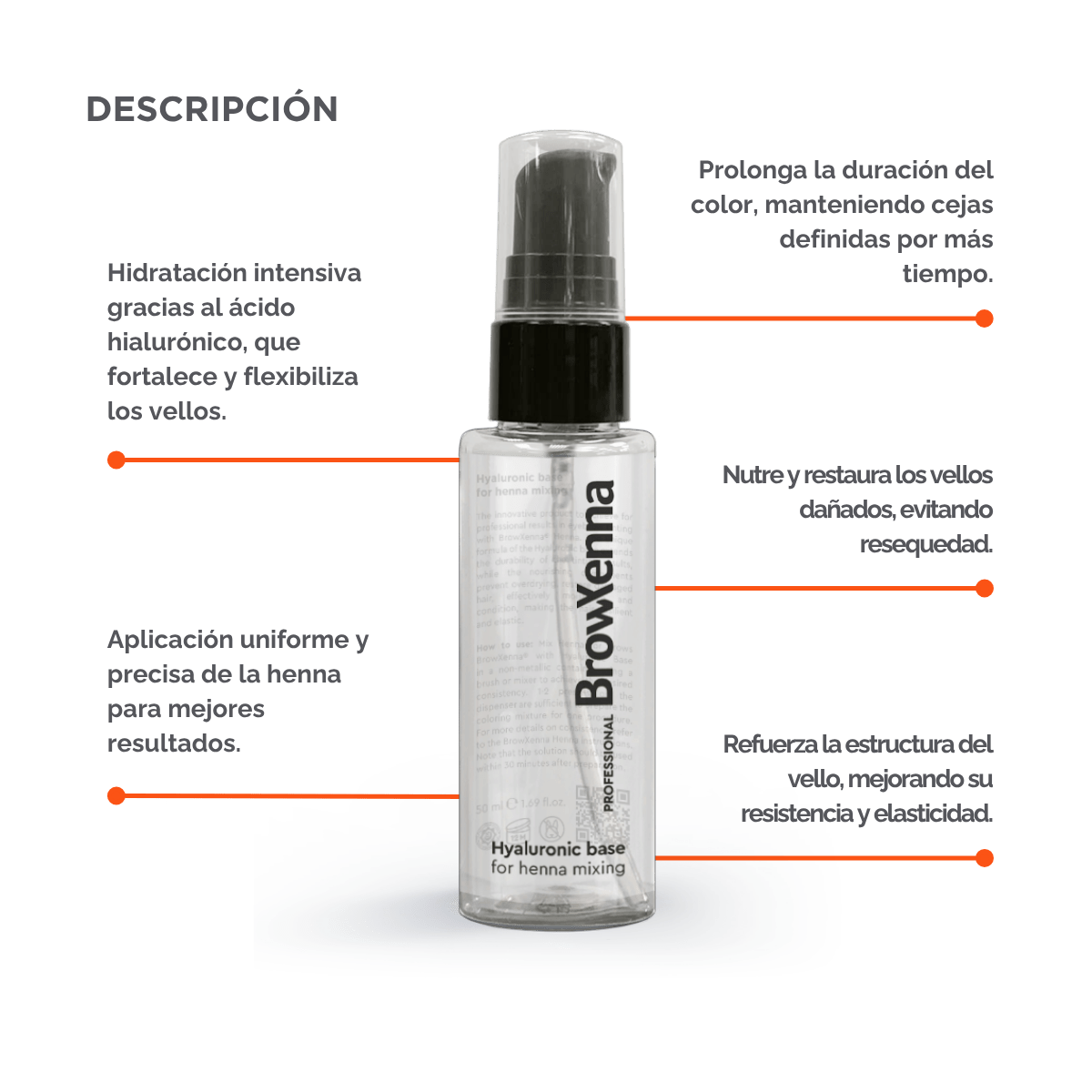 Envase de BrowXenna Hyaluronic Base 50 ml en gel, ideal para mezclar con henna profesional y lograr una aplicación uniforme, hidratante y de larga duración en tratamientos de cejas.