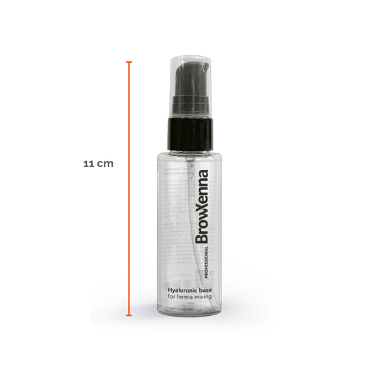 Envase de BrowXenna Hyaluronic Base 50 ml en gel, ideal para mezclar con henna profesional y lograr una aplicación uniforme, hidratante y de larga duración en tratamientos de cejas.