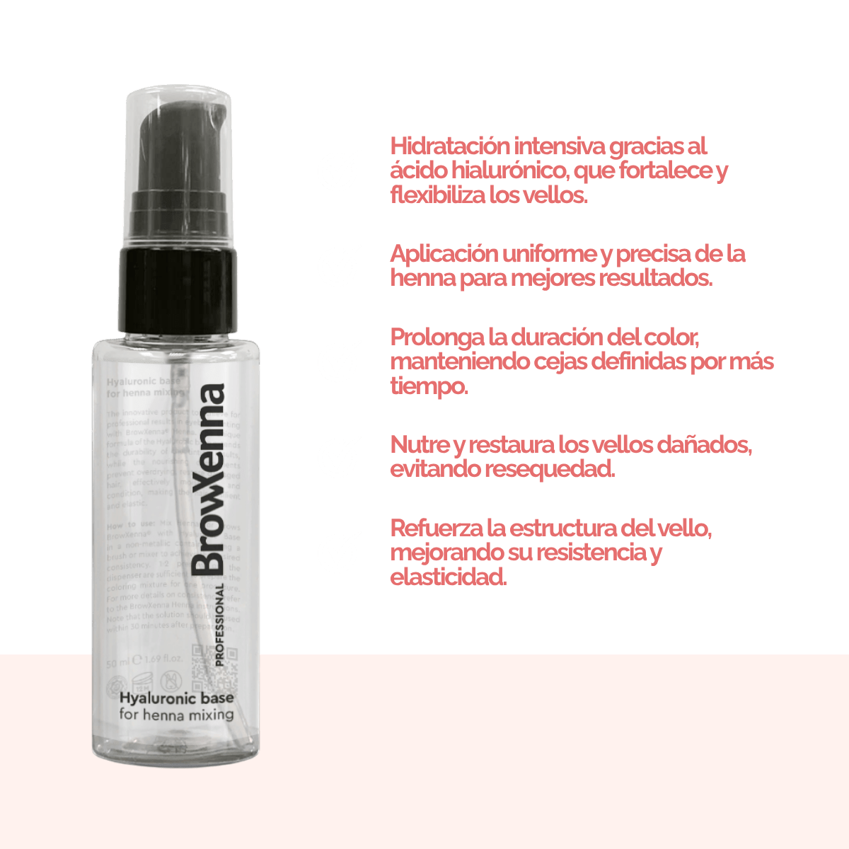 Envase de BrowXenna Hyaluronic Base 50 ml en gel, ideal para mezclar con henna profesional y lograr una aplicación uniforme, hidratante y de larga duración en tratamientos de cejas.