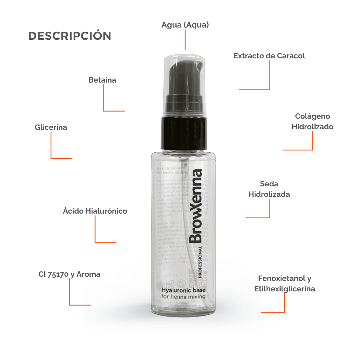 Envase de BrowXenna Hyaluronic Base 50 ml en gel, ideal para mezclar con henna profesional y lograr una aplicación uniforme, hidratante y de larga duración en tratamientos de cejas.