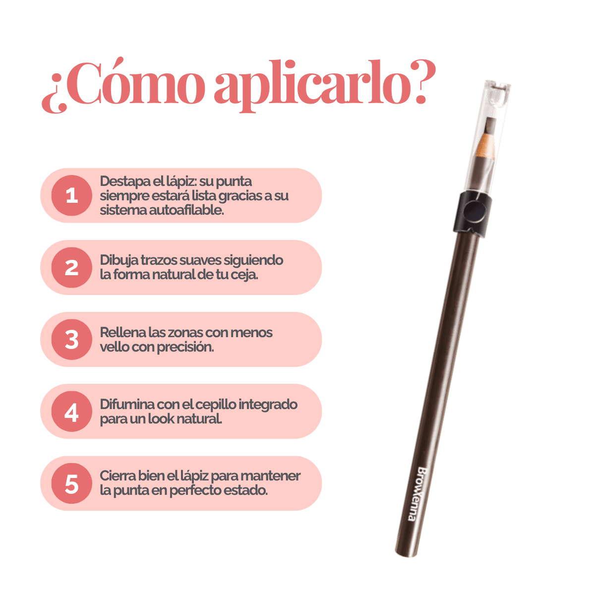 Lápiz de Cejas Auto‑afilable BrowXenna® en mano profesional, mostrando sistema de afilado automático y precisión en delineado.