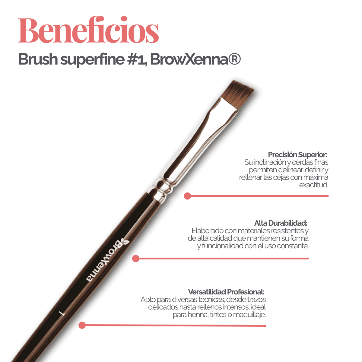 Brush superfine #1, BrowXenna® cerdas ultra finas y mango ergonómico diseñados para aplicación precisa de henna y maquillaje en cejas para técnicos de belleza exigentes.