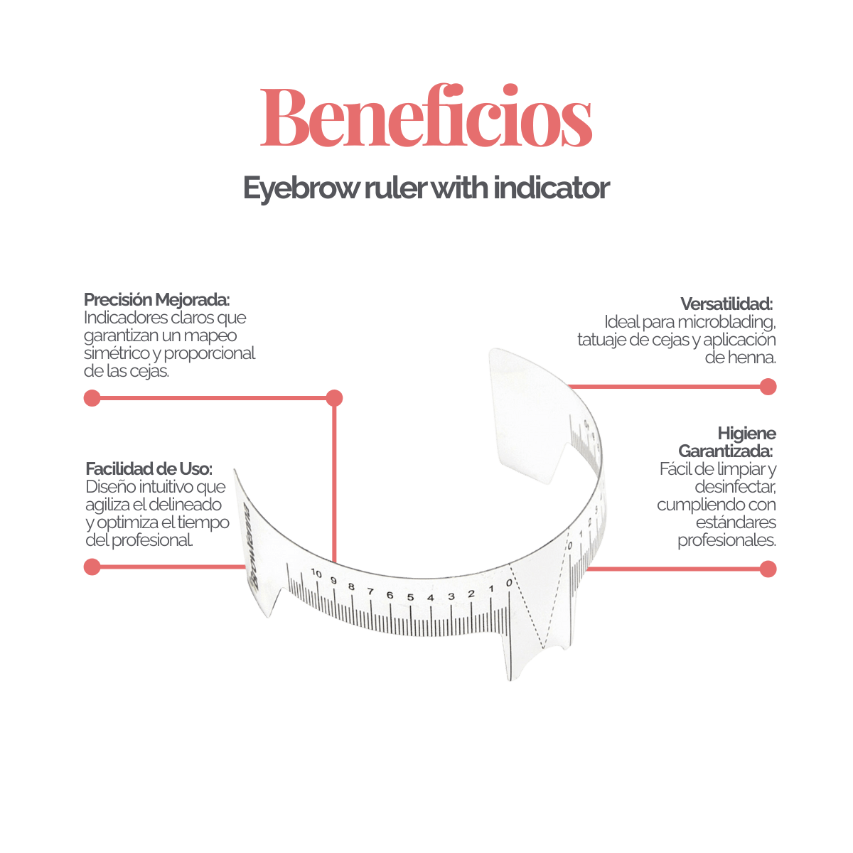 Regla para cejas BrowXenna® con indicador, flexible y transparente, doble escala centrada para simetría profesional en diseño de cejas.