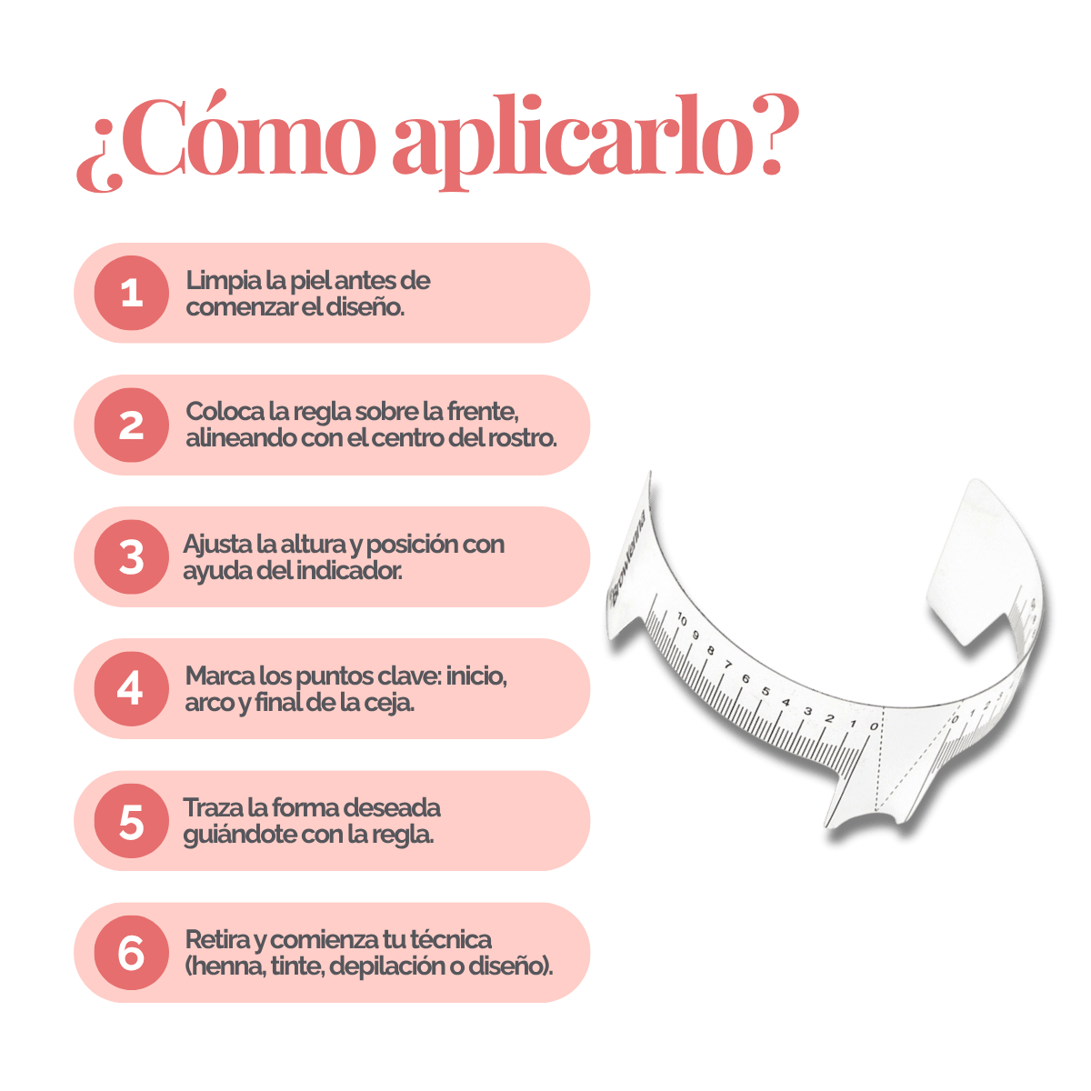 Regla para cejas BrowXenna® con indicador, flexible y transparente, doble escala centrada para simetría profesional en diseño de cejas.