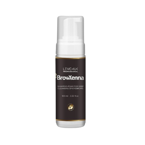 Frasco de BrowXenna Shampoo‑Foam, espuma limpiadora profunda para cejas y pestañas, ideal para pretratamiento antes de tintado y laminación.