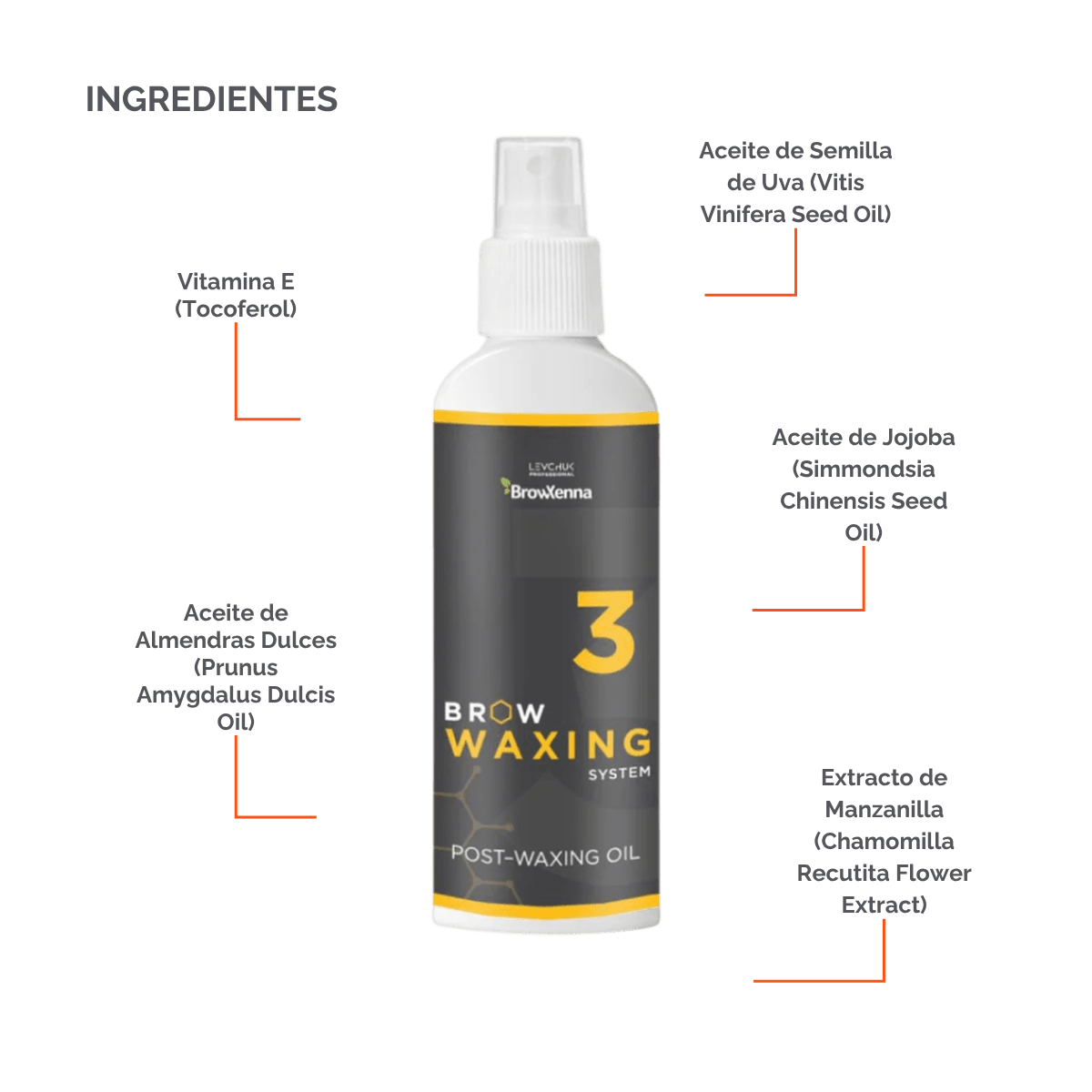 Frasco de aceite BrowXenna Post‑Waxing Oil #3 (100 ml), aceite post-depilación con lavanda, coco y mentol para hidratar, refrescar y limpiar la piel tras depilación de cejas SPA.