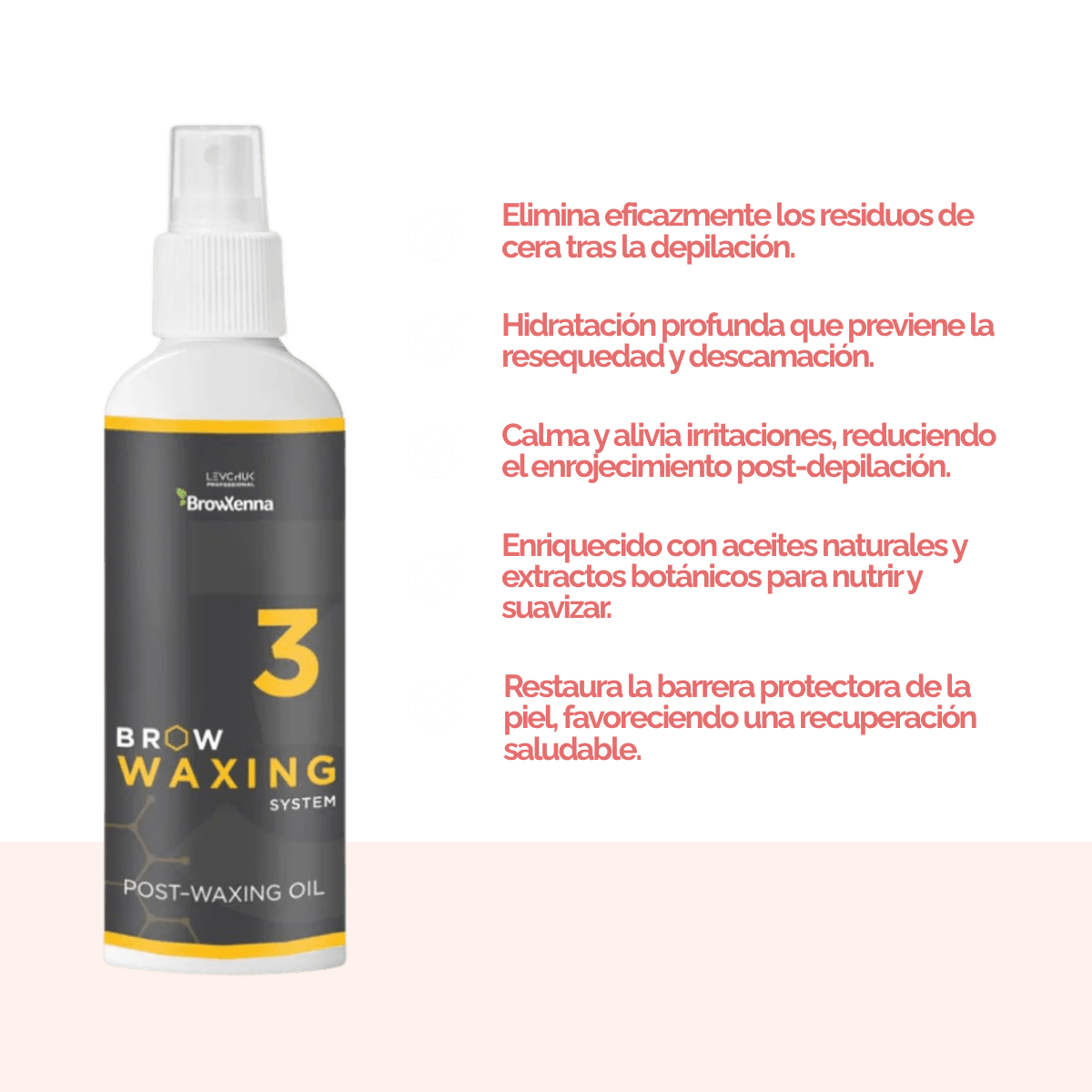 Frasco de aceite BrowXenna Post‑Waxing Oil #3 (100 ml), aceite post-depilación con lavanda, coco y mentol para hidratar, refrescar y limpiar la piel tras depilación de cejas SPA.