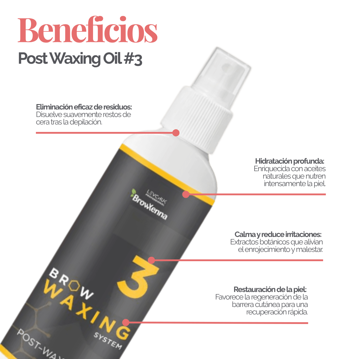 Frasco de aceite BrowXenna Post‑Waxing Oil #3 (100 ml), aceite post-depilación con lavanda, coco y mentol para hidratar, refrescar y limpiar la piel tras depilación de cejas SPA.
