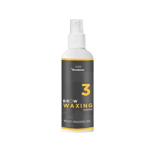 Frasco de aceite BrowXenna Post‑Waxing Oil #3 (100 ml), aceite post-depilación con lavanda, coco y mentol para hidratar, refrescar y limpiar la piel tras depilación de cejas SPA.