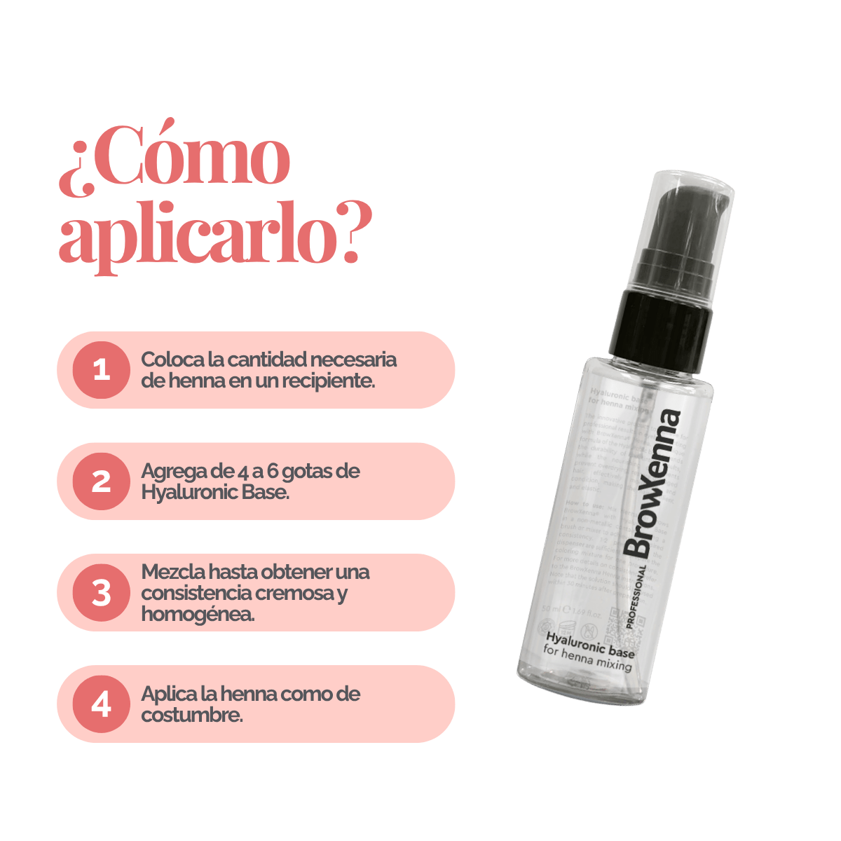 Envase de BrowXenna Hyaluronic Base 50 ml en gel, ideal para mezclar con henna profesional y lograr una aplicación uniforme, hidratante y de larga duración en tratamientos de cejas.