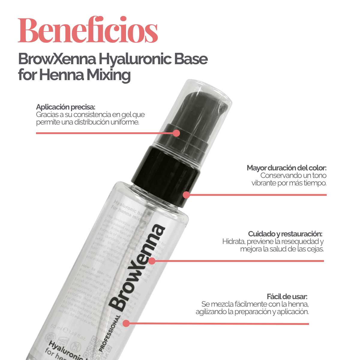 Envase de BrowXenna Hyaluronic Base 50 ml en gel, ideal para mezclar con henna profesional y lograr una aplicación uniforme, hidratante y de larga duración en tratamientos de cejas.