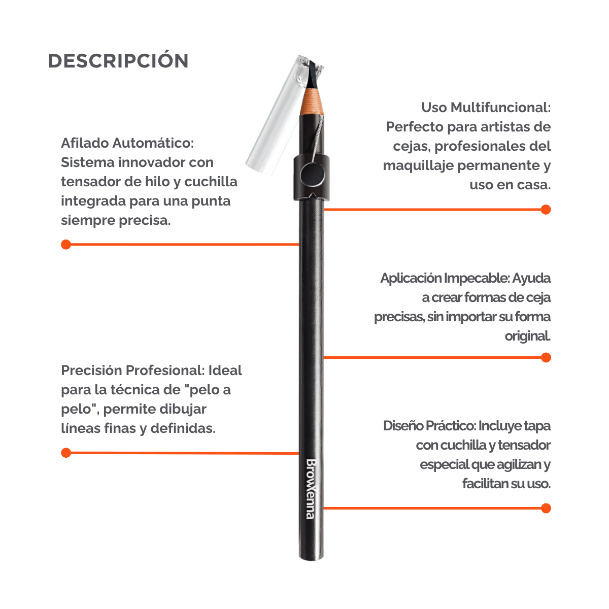 Lápiz de Cejas Auto‑afilable BrowXenna® en mano profesional, mostrando sistema de afilado automático y precisión en delineado.