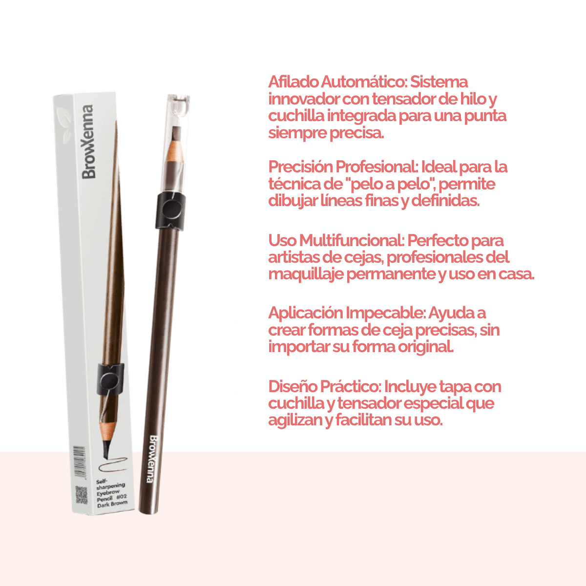 Lápiz de Cejas Auto‑afilable BrowXenna® en mano profesional, mostrando sistema de afilado automático y precisión en delineado.