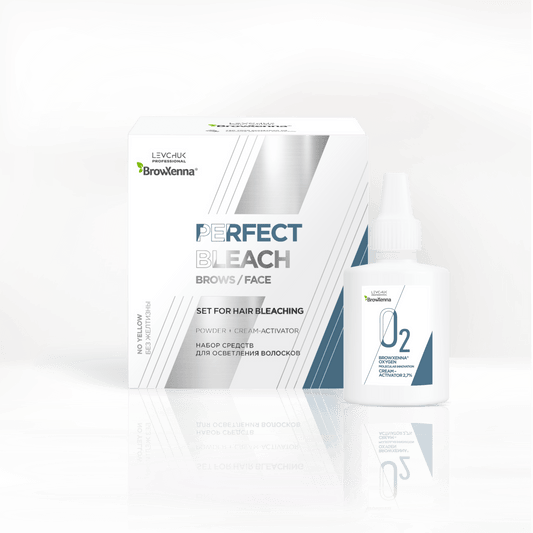 Set de Decoloración Perfect Bleach de BrowXenna® con polvo aclarante y crema activadora. Ideal para aclarar cejas de forma profesional hasta en 4 tonos. Incluye cuchara medidora y componentes nutritivos como proteína de seda y maíz.