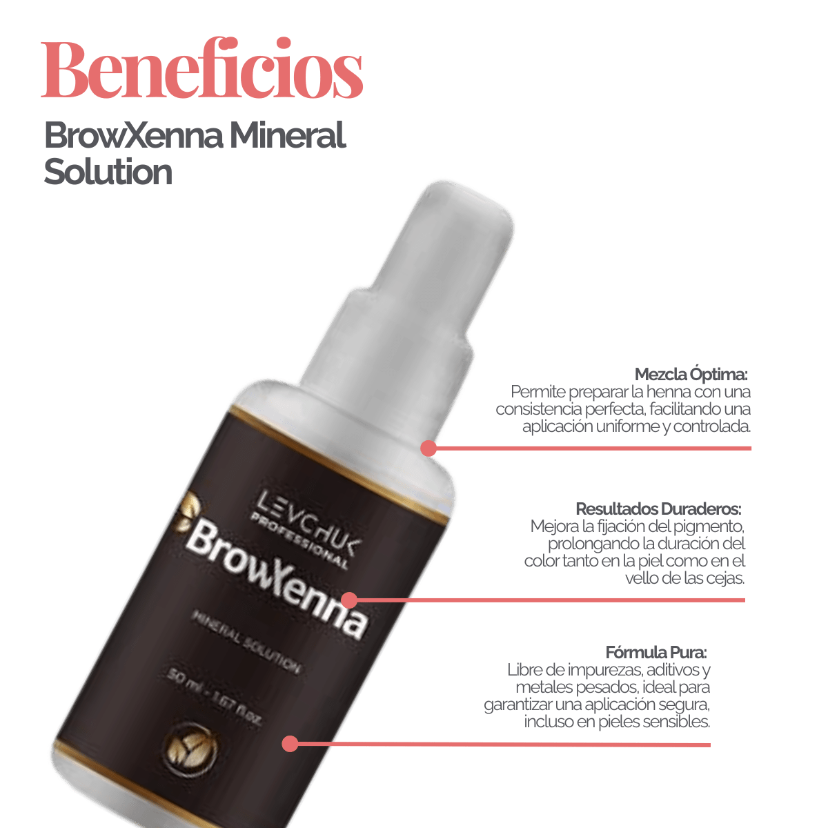 Mineral solution for henna mixing 50 ml, BrowXenna
activador profesional y puro, formulado para mezclar con henna de cejas, que potencia la pigmentación y duración sin impurezas.